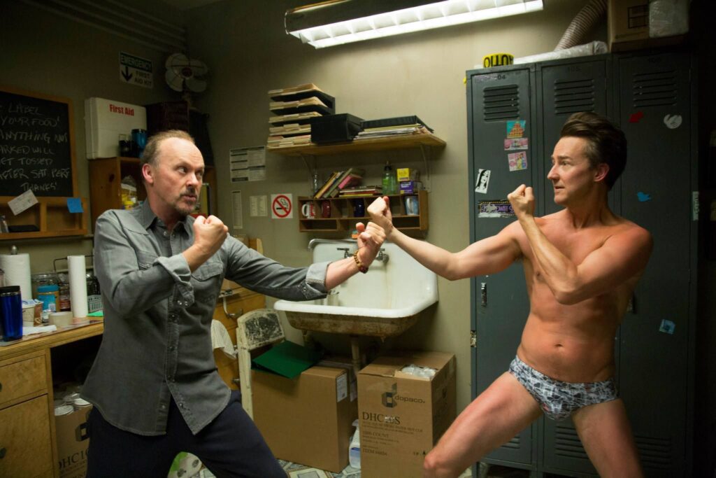 Birdman or (The Unexpected Virtue of Ignorance) | Alejandro González Iñárritu Michael Keaton and Edward Norton in Birdman facing off. Norton is shirtless, wearing underwear.