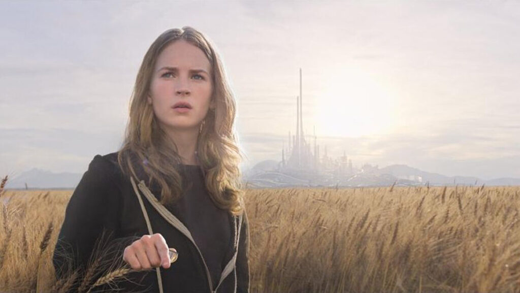 Casey Newton in Tomorrowland. Wheat field and futuristic city in the background. Brad Bird film.
