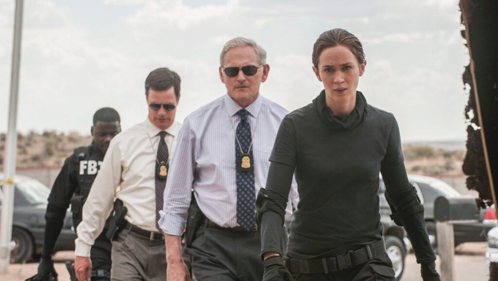 Sicario film scene. Emily Blunt as an FBI agent with law enforcement team. Denis Villeneuve movie.