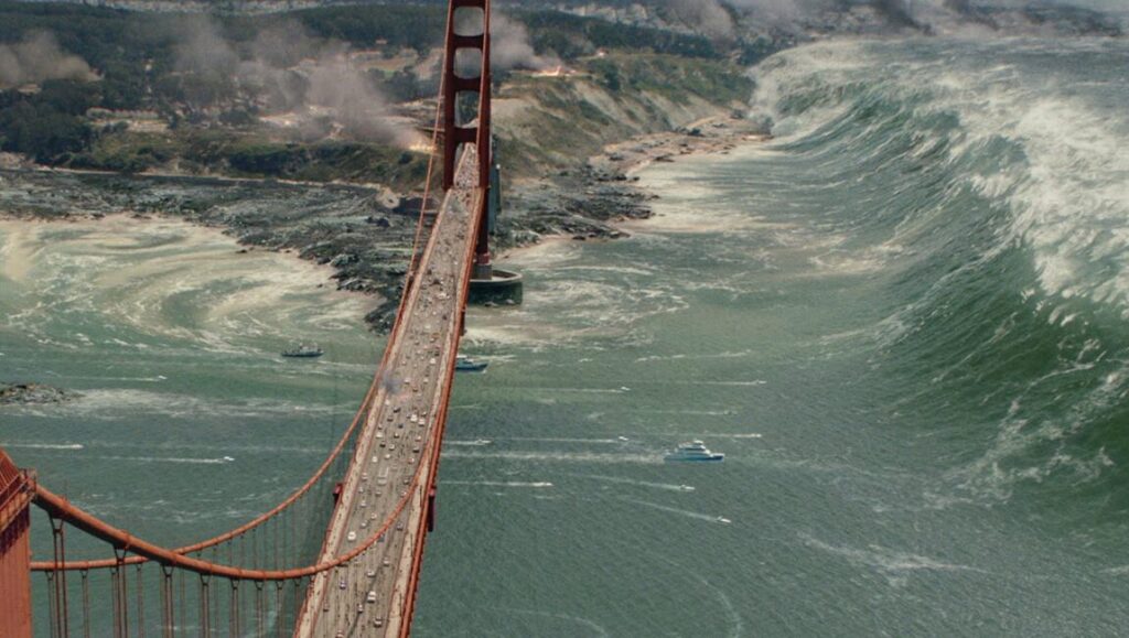San Andreas movie scene: Golden Gate Bridge with cars, tsunami wave.