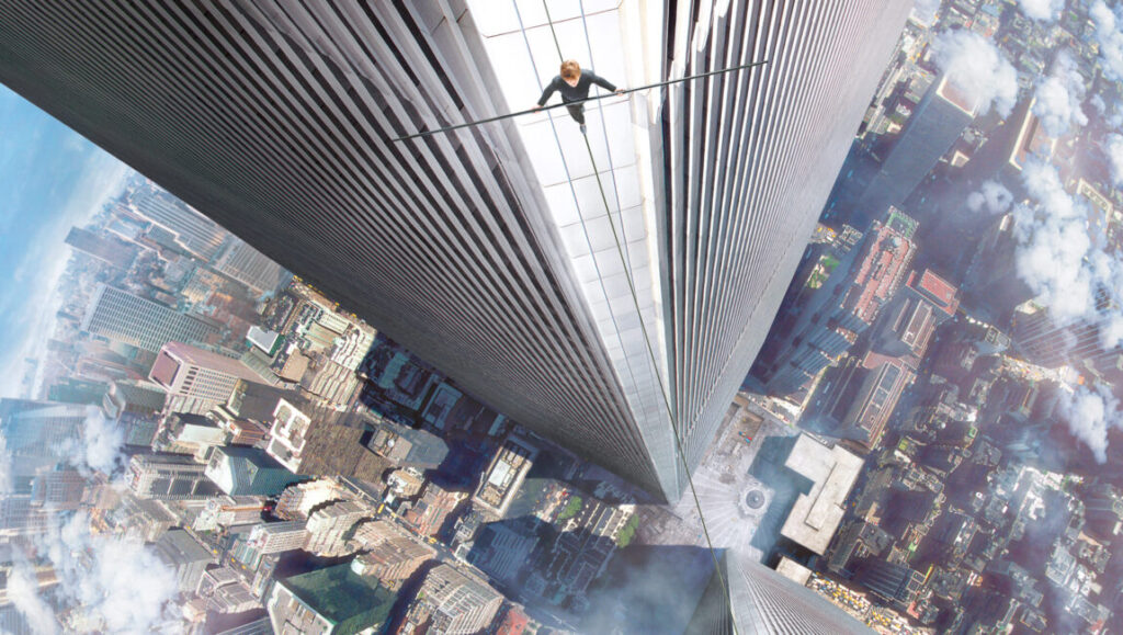 The Walk | Robert Zemeckis The Walk movie scene: Philippe Petit walks a tightrope between the Twin Towers.