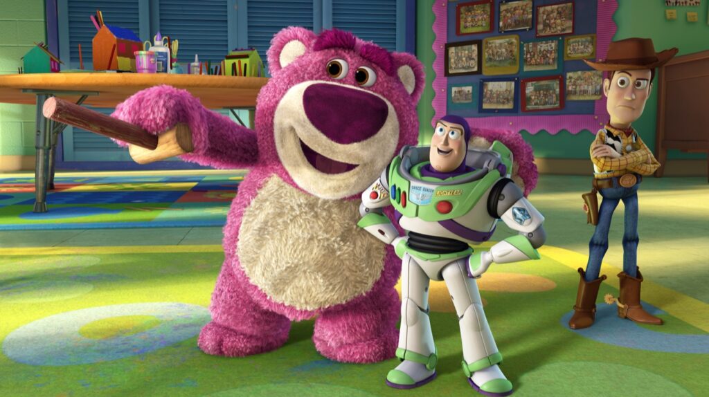 Toy Story 3 Review | Lee Unkrich Toy Story 3 characters: Lotso, Buzz Lightyear, and Woody in a scene from the Lee Unkrich film.