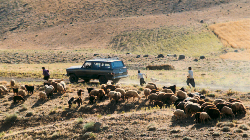 The Wind Will Carry Us — Abbas Kiarostami The Wind Will Carry Us film still. Rural landscape with a car, sheep, and shepherds. Abbas Kiarostami movie scene.