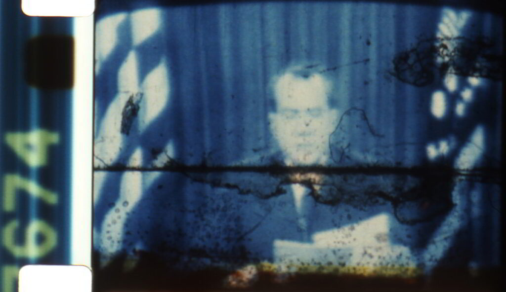 Film still from Saul Levine's 'Notes' featuring Richard Nixon. Experimental cinema, New Left film.