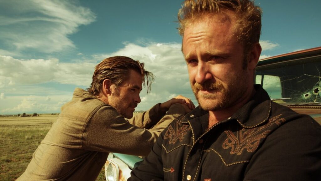 Hell or High Water | David Mackenzie Hell or High Water movie scene. Ben Foster and Chris Pine near a bullet-ridden car.