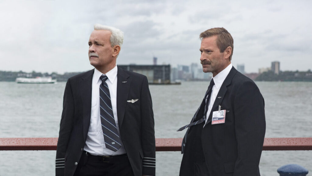 Clint Eastwood's Sully movie scene. Tom Hanks as Captain Sullenberger with co-pilot.
