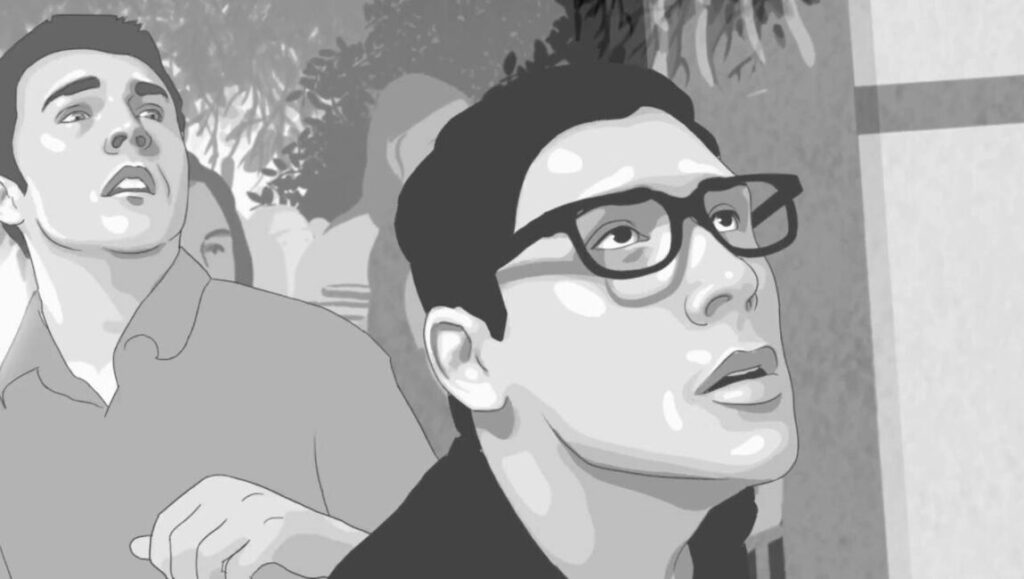 Illustration of two men looking up at a tower, Vancouver International Film Festival.