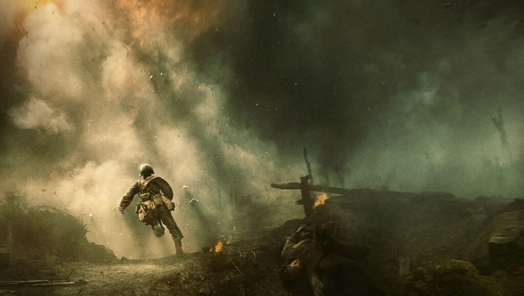 Hacksaw Ridge | Mel Gibson Hacksaw Ridge movie scene. Soldier running through a smoky, war-torn battlefield. Mel Gibson film.