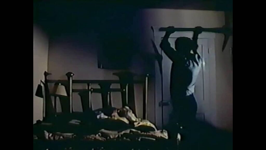 Bad Idea Podcast Episode 8 image: Person with axe stands over sleeping figure in bed. Horror movie scene.