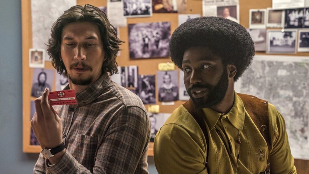 Adam Driver and John David Washington in BlacKkKlansman, a Spike Lee film.
