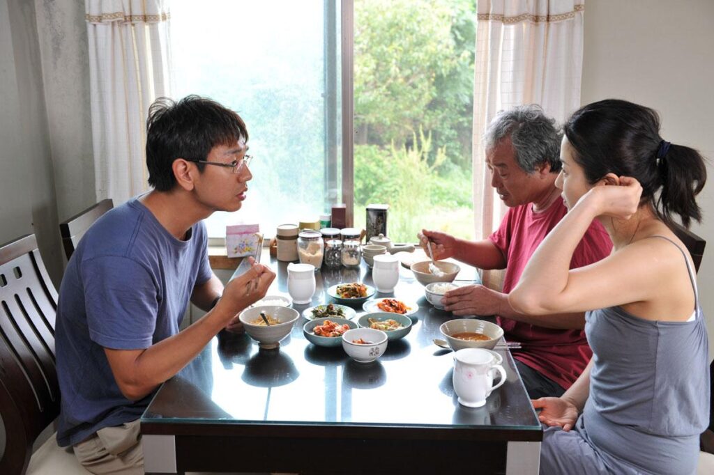 Like You Know It All | Hong Sang-soo Like You Know It All film scene. Family meal with Korean dishes. Hong Sang-soo movie.