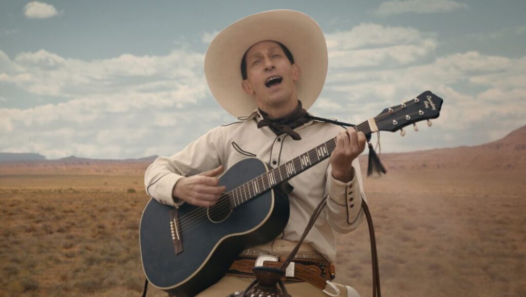 Tim Blake Nelson as Buster Scruggs. The Ballad of Buster Scruggs movie scene. Western film.
