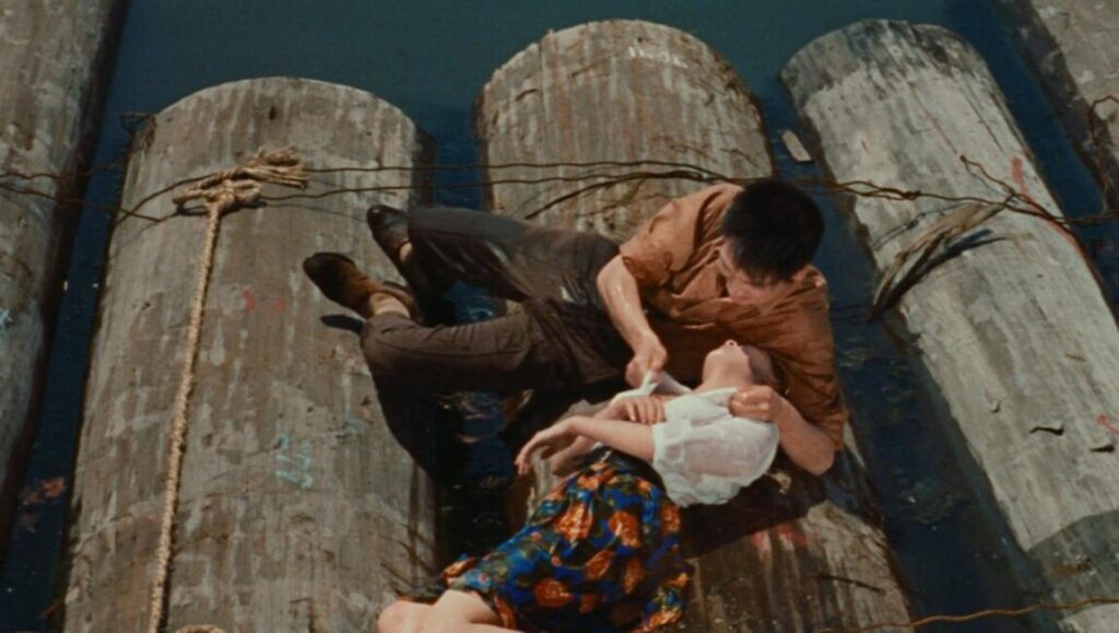 The Sun’s Burial | Nagisa Ôshima The Sun's Burial film scene. Man and woman on logs, tension. Classic Nagisa Ôshima cinema.