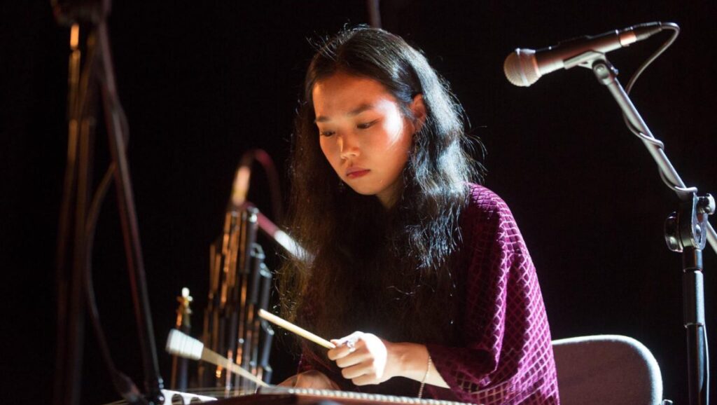 Woman plays dulcimer on stage. Foreign Correspondent music performance with musical instruments and microphone.