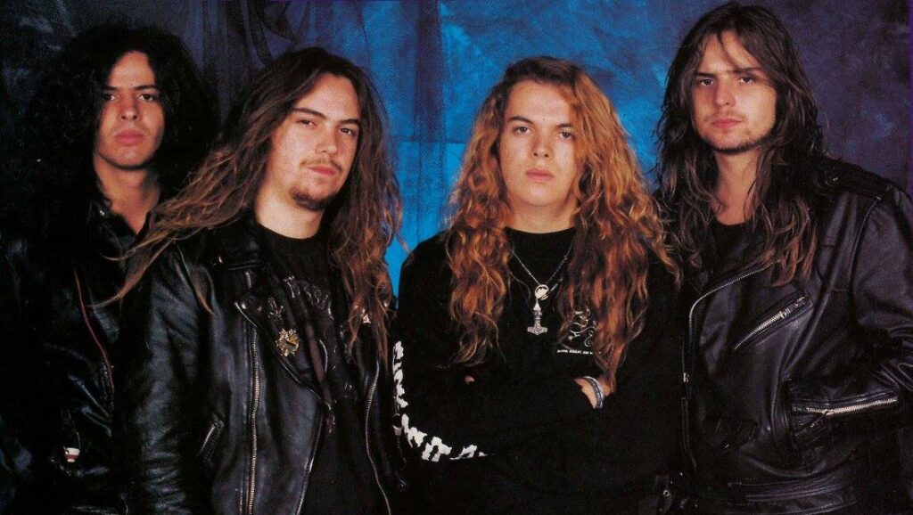 Sepultura | Chaos A.D. Sepultura band photo. Chaos A.D. era. Classic metal band portrait. Leather jackets, long hair.