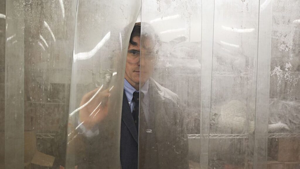 Still from the 2018 film First Reformed. Ethan Hawke behind plastic strips. Top 20 Films.