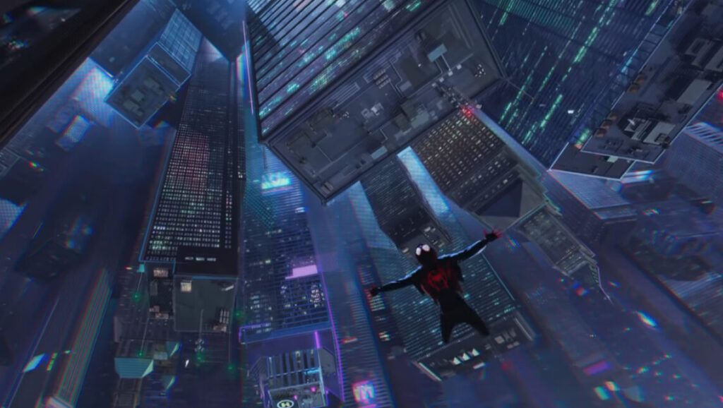Spider-Man: Into the Spider-Verse Spider-Man: Into the Spider-Verse. Miles Morales falling through a futuristic cityscape in the Spider-Verse trailer.