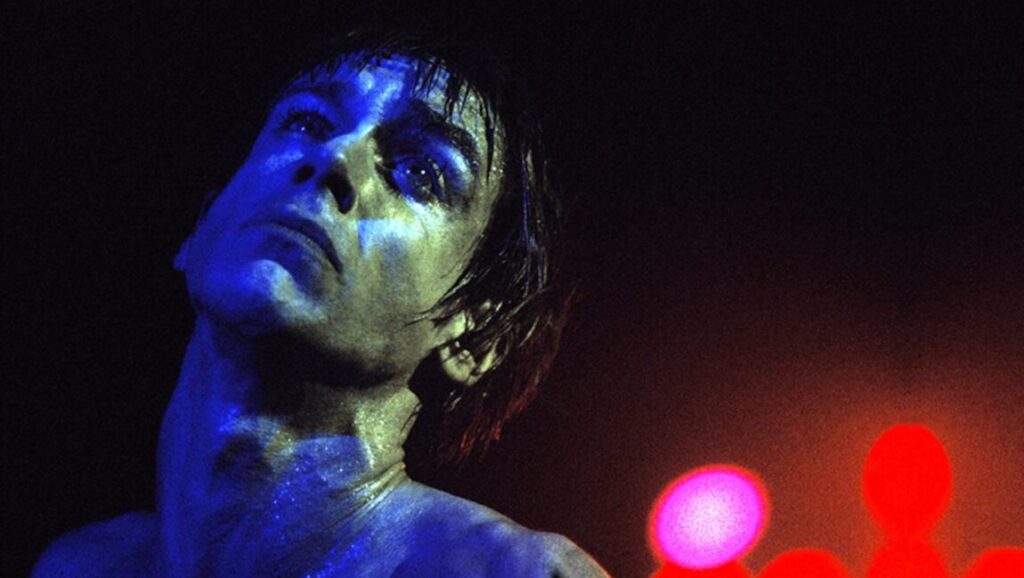 Iggy Pop Lust for Life. Close-up of Iggy Pop with blue lighting. Musician with wet hair looking up.