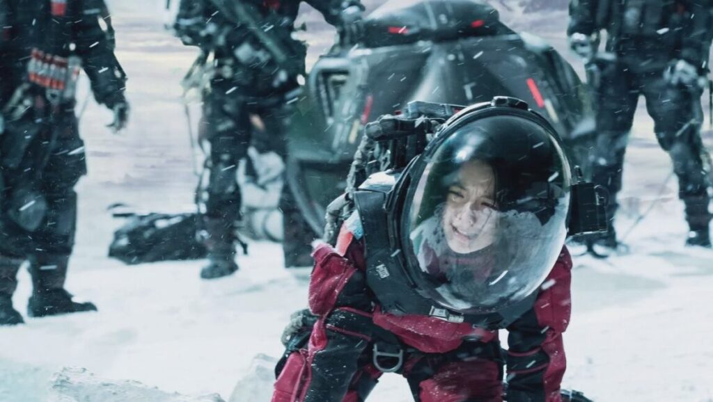 The Wandering Earth movie scene. Astronaut in snow. Frant Gwo film. Sci-fi.