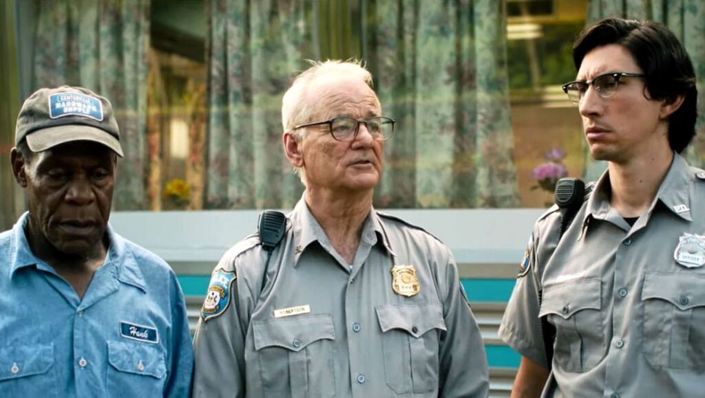 The Dead Don't Die movie still: Bill Murray, Adam Driver, and Danny Glover as small-town police officers.