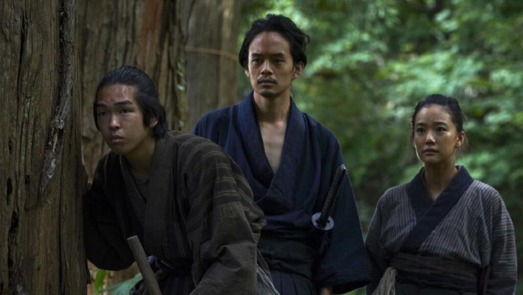Kill! Japan Cuts 2019 film still. Three actors in traditional Japanese clothing in a forest. Samurai movie.