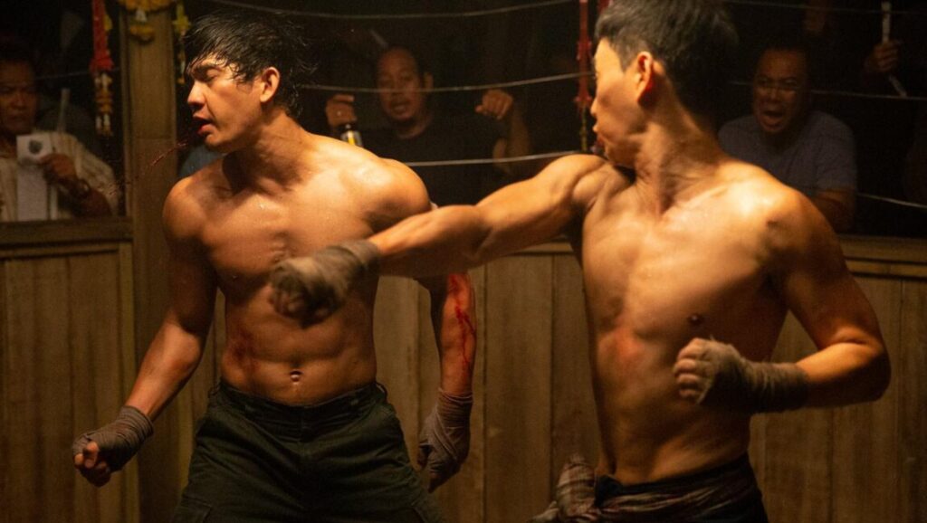 A Triple Threat: Triple Threat… and Two Other Movies Triple Threat movie scene: Two shirtless fighters in a boxing ring, spectators watching. Action film.