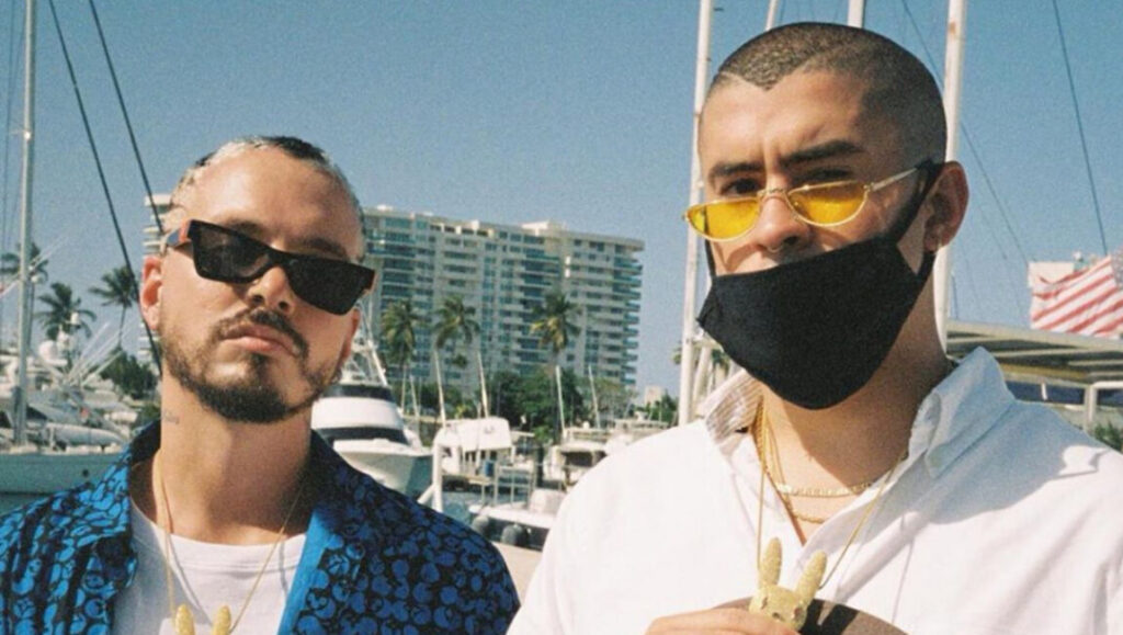 J Balvin and Bad Bunny. The music stars pose in sunglasses and masks. Foreign Correspondent | Issue 5.