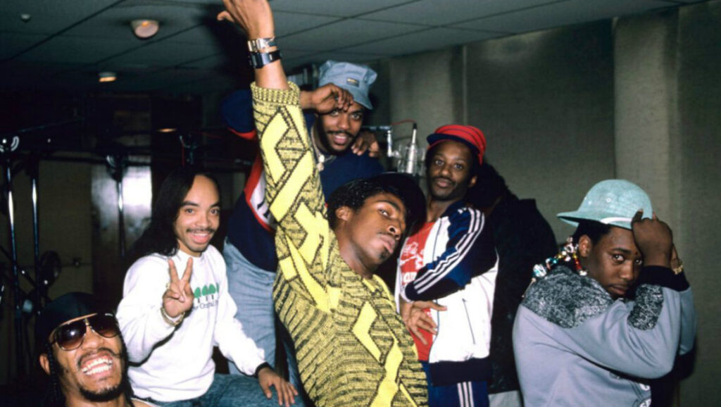 Grandmaster Flash and the Furious Five. Hip-hop group portrait from The Message era. 1980s fashion, music legends.