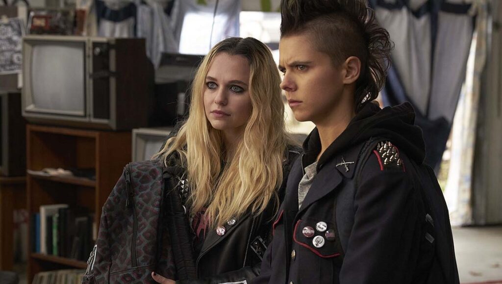 Riot Girls | Jovanka Vuckovic & Villians | Dan Berk & Robert Olsen Riot Girls film still. Two young punk rockers in studded jackets stand side-by-side, looking serious.