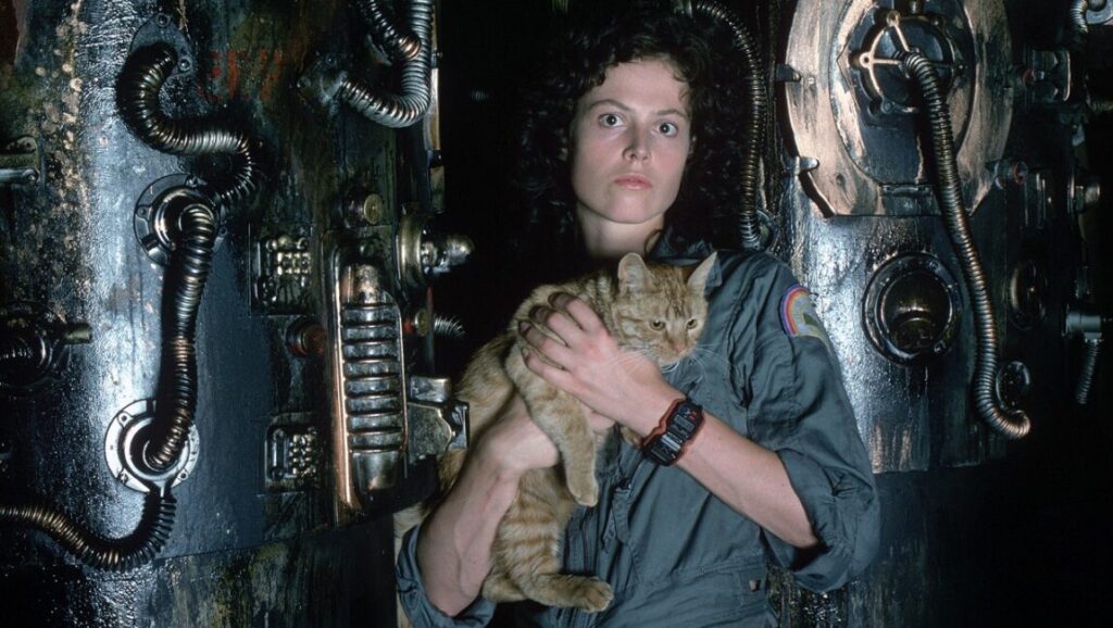 Sigourney Weaver in Alien with Jonesy the cat. Classic sci-fi movie scene.