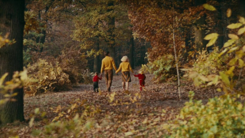 Family in autumn woods. A couple with two kids holding hands, walking away on fallen leaves. Le Bonheur film.