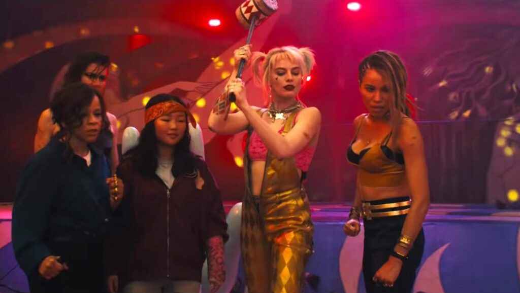 Birds of Prey cast. Harley Quinn (Margot Robbie) with hammer. Cathy Yan film.