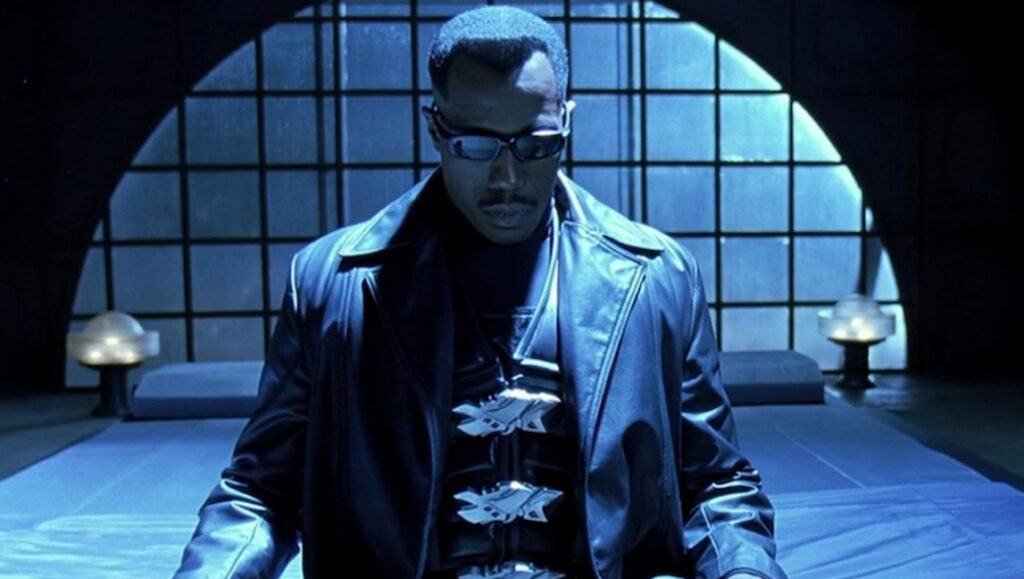 Blade | Stephen Norrington Wesley Snipes as Blade. Stephen Norrington film, Blade character in leather jacket.