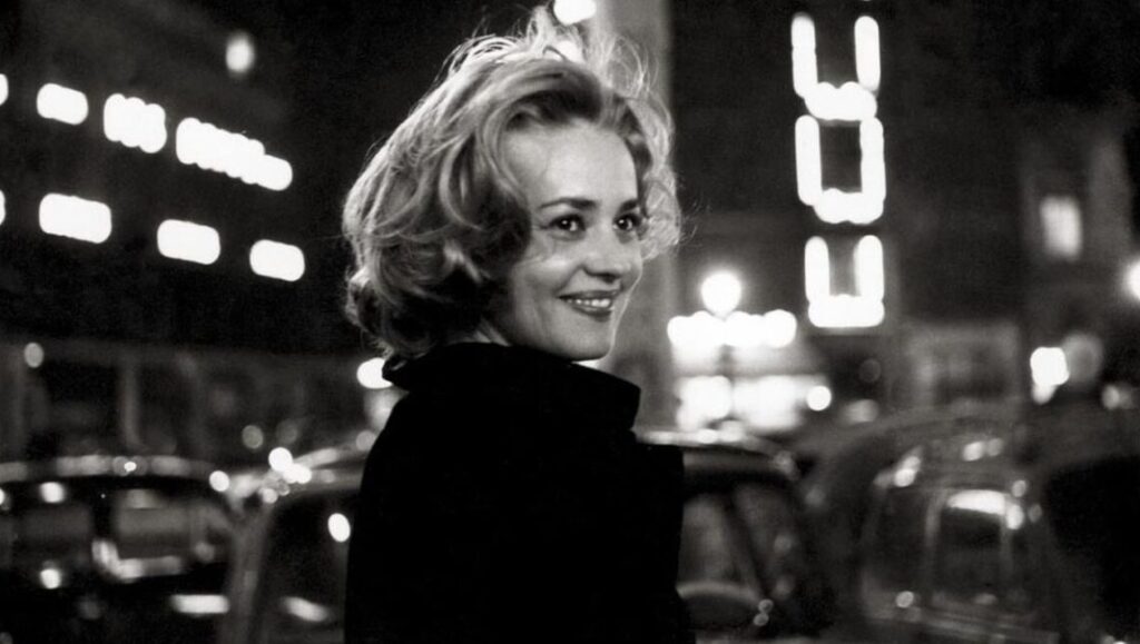 Jeanne Moreau in Elevator to the Gallows, a film by Louis Malle. Black and white film noir.