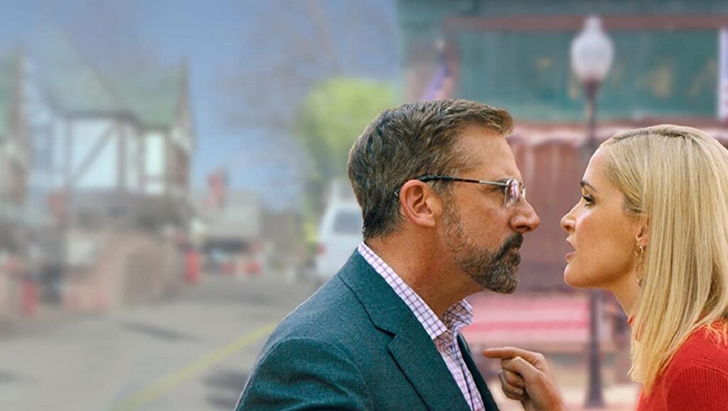 Irresistible | Jon Stewart Steve Carell and Mackenzie Davis in Irresistible movie scene.