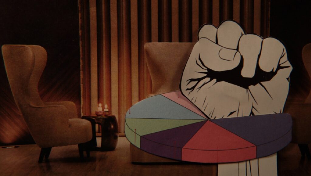 Lewis Klahr's Circumstantial Pleasures still. Cartoon hand over pie chart. Armchairs, curtains, candles. Collage art.