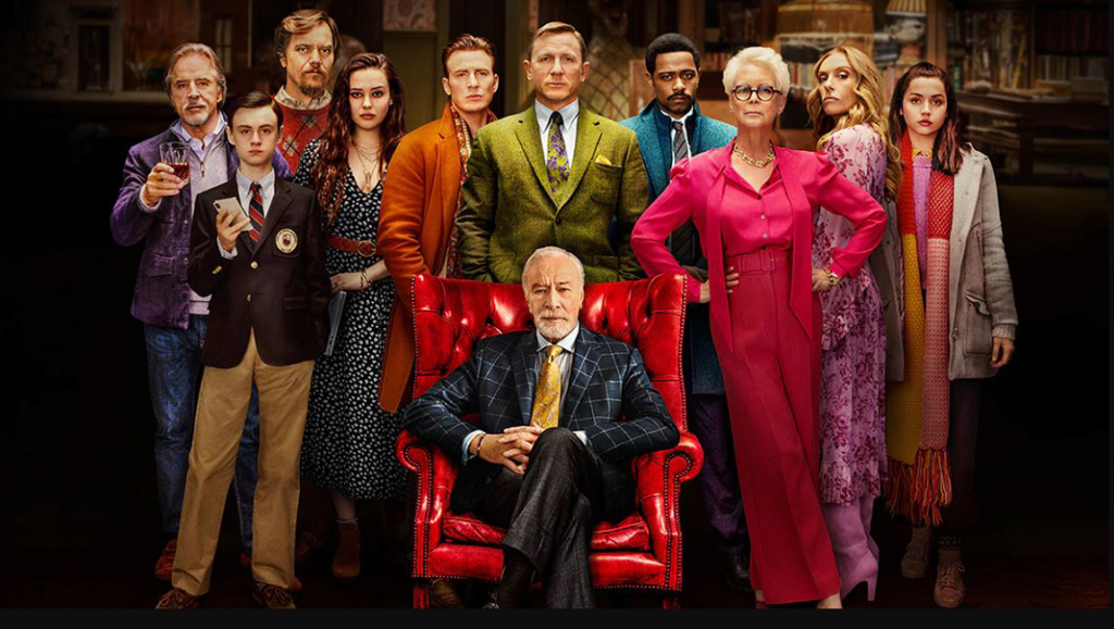 Knives Out movie cast. Daniel Craig, Jamie Lee Curtis, and the Thrombey family.