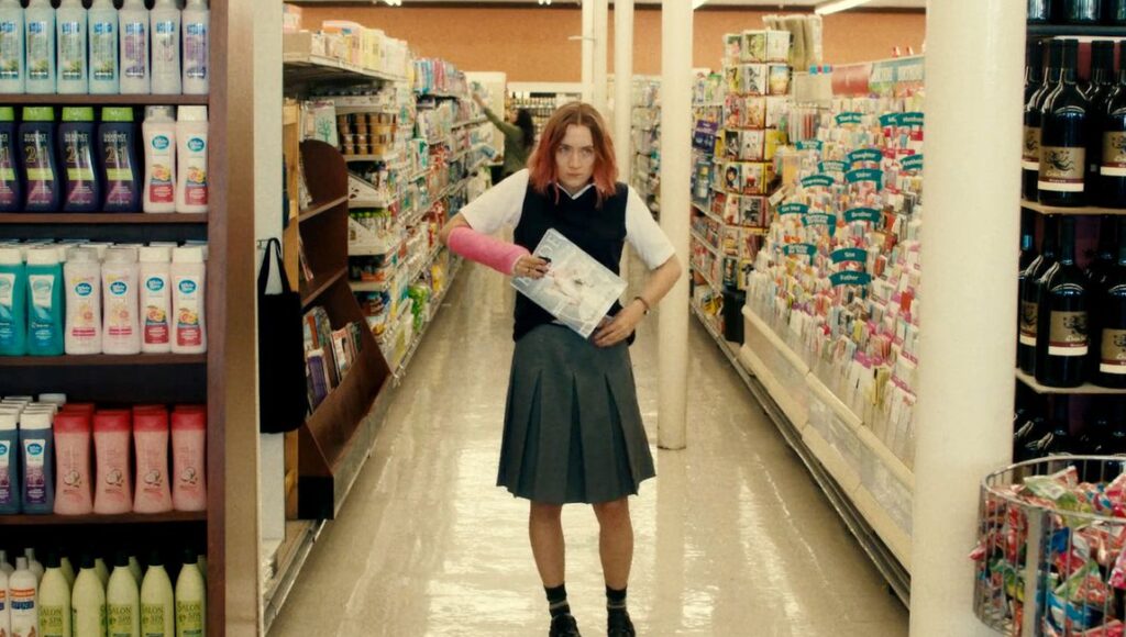 Lady Bird | Greta Gerwig Saoirse Ronan as Lady Bird in a grocery store. Greta Gerwig film.