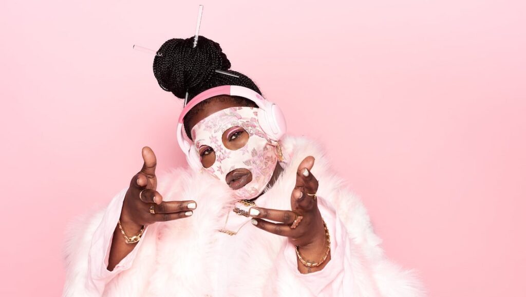 Leikeli47 | Acrylic Leikeli47 in Acrylic. Rapper with a floral mask, headphones, and braids against a pink background. Musician with jewelry.