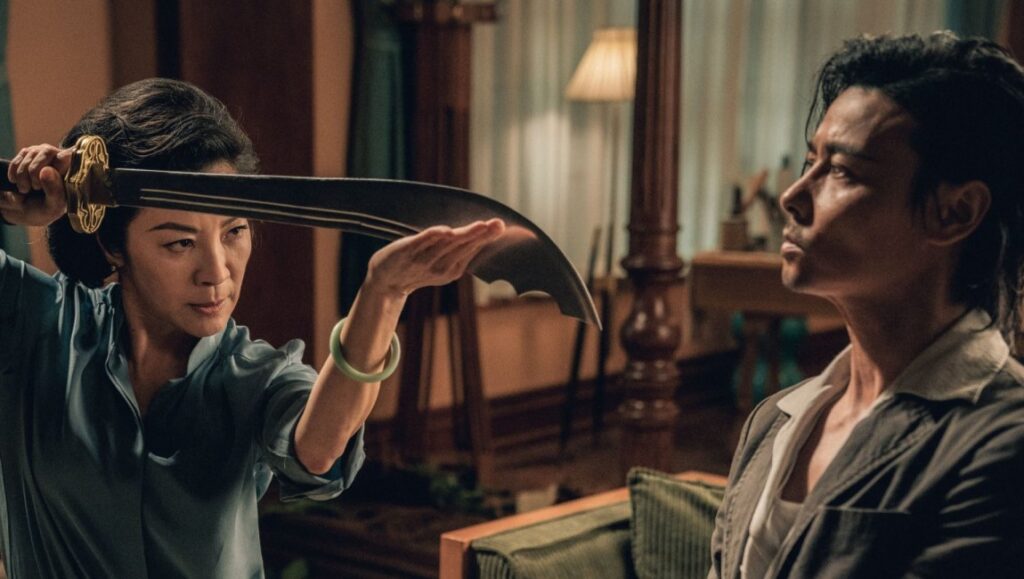 Michelle Yeoh with sword in Master Z: Ip Man Legacy, directed by Yuen Woo-ping. Martial arts film scene.