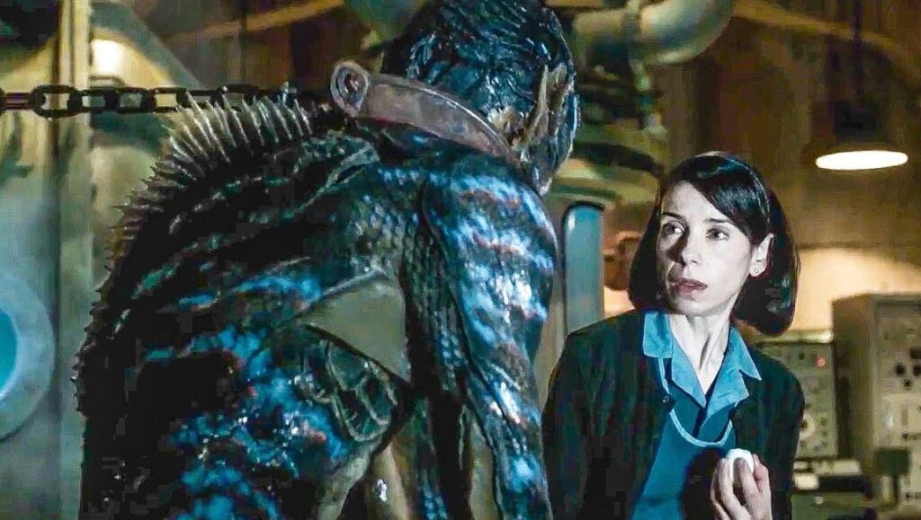 The Shape of Water | Guillermo del Toro The Shape of Water movie still: Amphibian Man and Elisa Esposito (Sally Hawkins). Guillermo del Toro film.