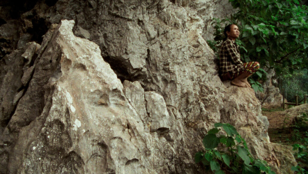 Truong Minh Quý's The Tree House: Man sits on a rocky cliff near foliage. The Tree House film still.
