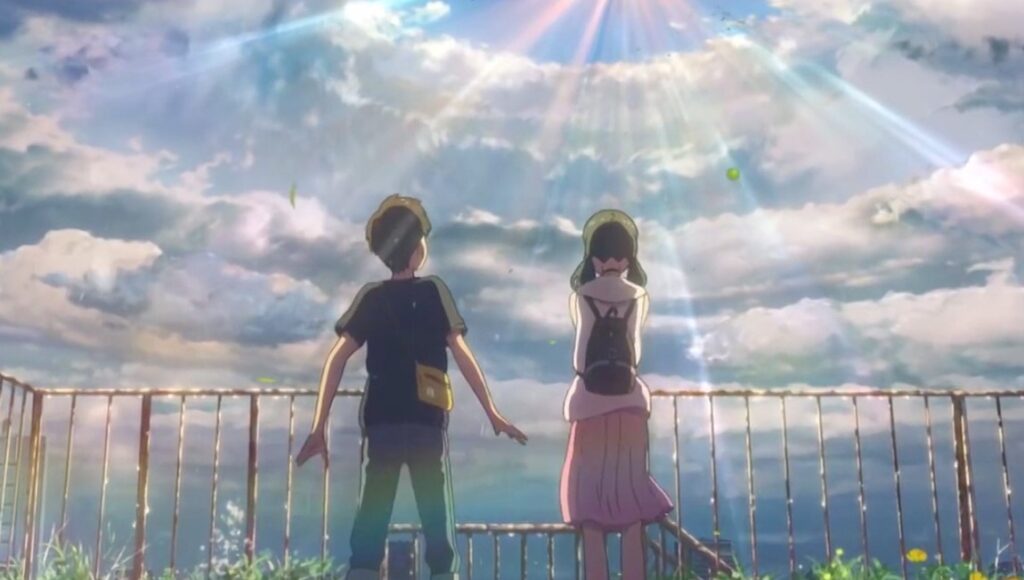 Weathering with You | Makoto Shinkai Weathering with You anime scene. Two figures gaze at a bright, cloudy sky.