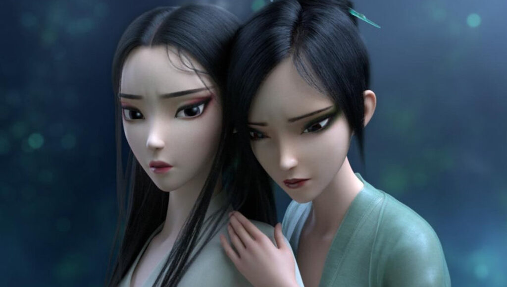 White Snake animated film: Two women with dark hair and makeup stand close together.