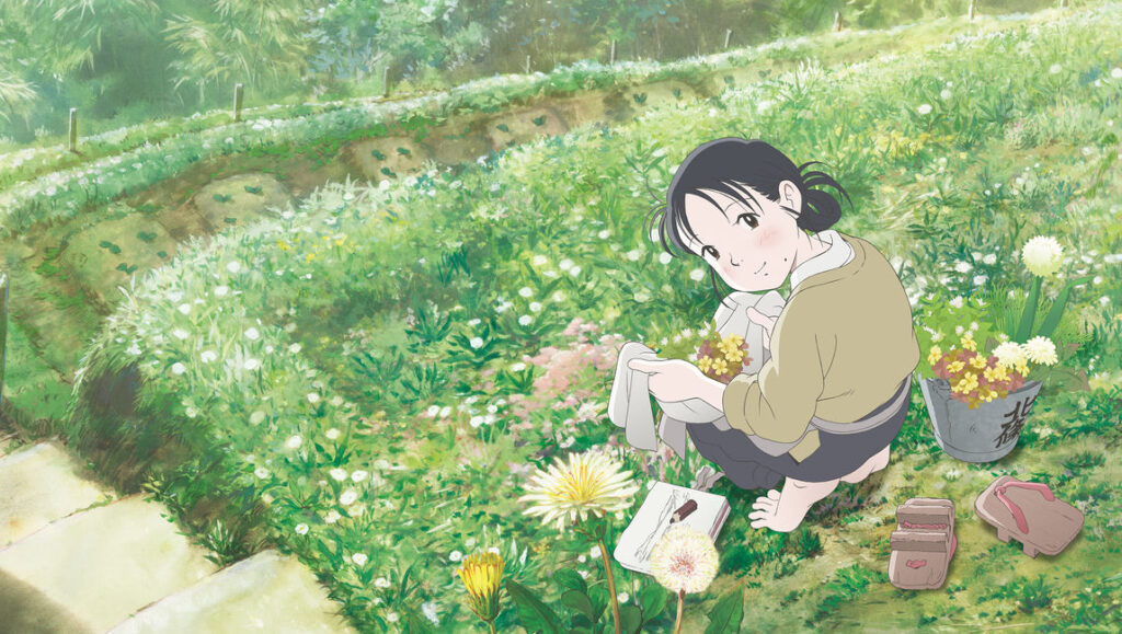 In This Corner of the World anime film scene. Girl in garden with flowers, drawing, and sandals. Sunao Katabuchi film.