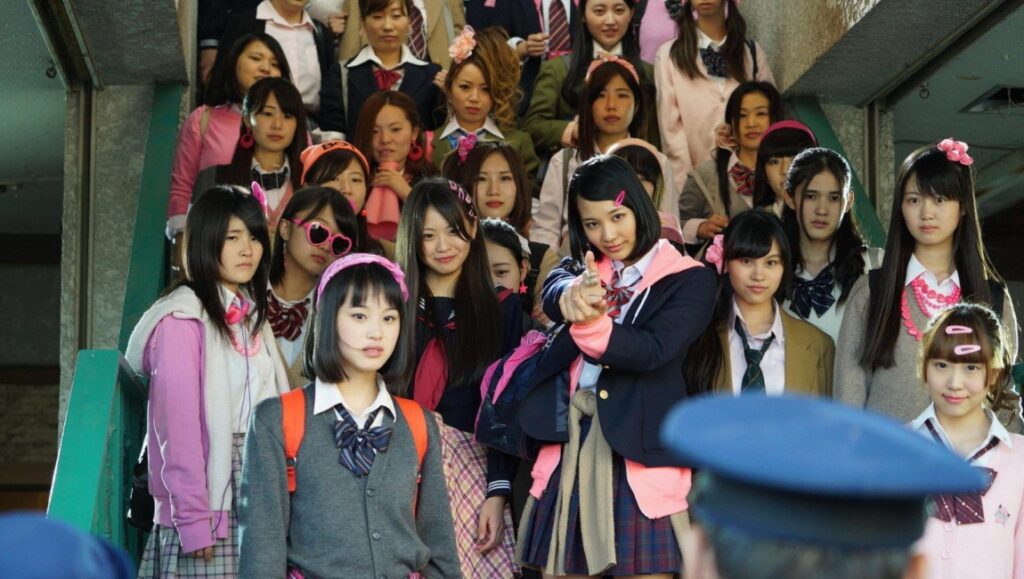 Japanese Girls Never Die | Daigo Matsui Japanese Girls Never Die movie scene. Group of Japanese schoolgirls in uniform on stairs. Daigo Matsui film.