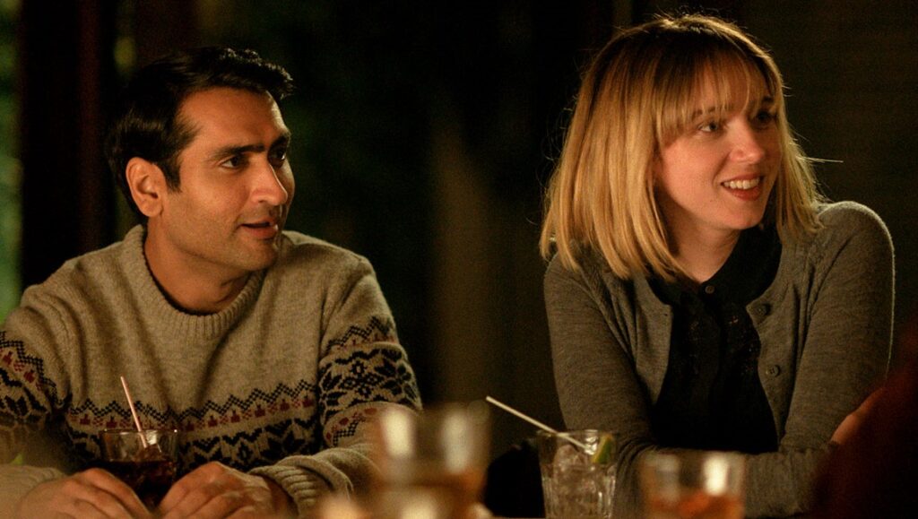 The Big Sick movie still: Kumail Nanjiani and Zoe Kazan at a bar. Romantic comedy film directed by Michael Showalter.