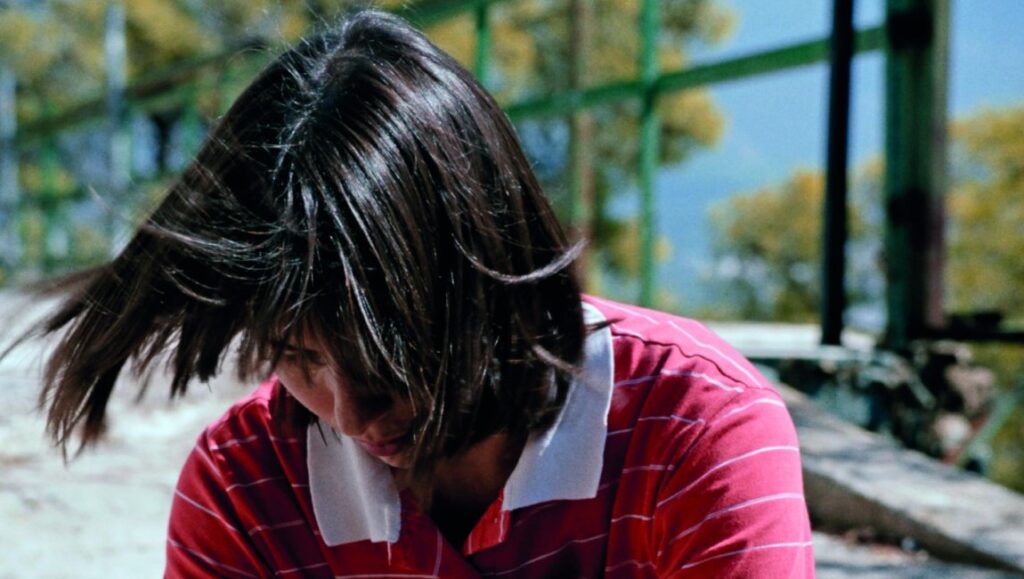 The Dreamed Path | Angela Schanelec The Dreamed Path film still. Woman in striped shirt with windswept dark hair.