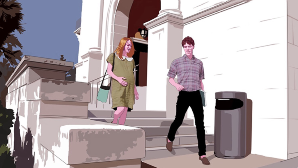 Illustration from Tower by Keith Maitland. Students outside. University of Texas at Austin.