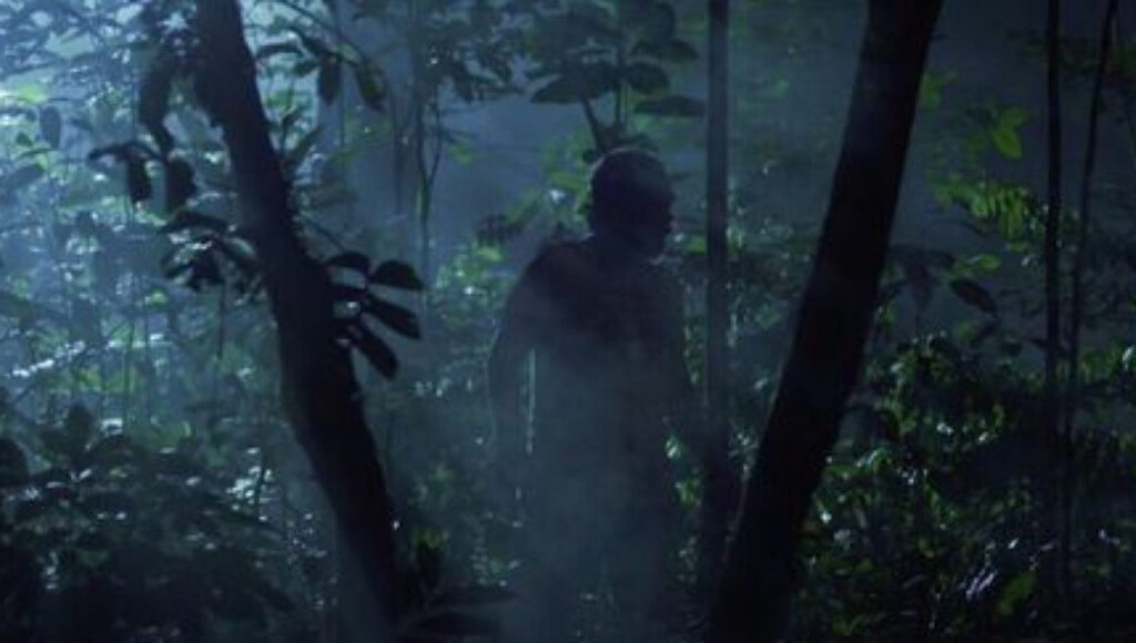 Town in a Lake | Jet Leyco Jet Leyco's Town in a Lake scene: Silhouette of a person in a dense, dark forest. Mysterious, eerie atmosphere.